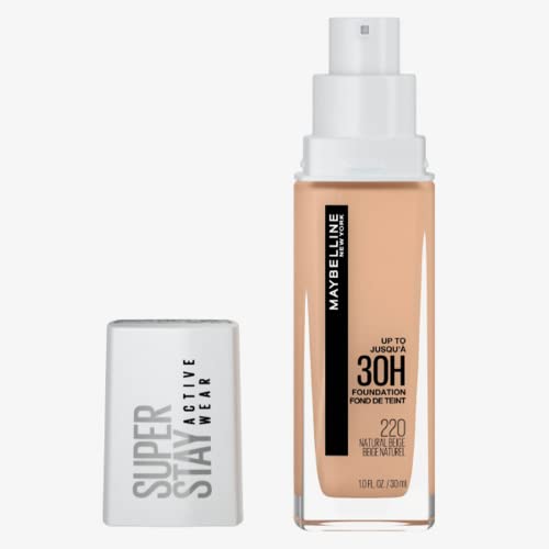 Maybelline NY Base Alta Cobertura Super Stay Active Wear Resistente ao Suor Alta Duração até 30h na Pele, Cor 220 Natural Beige, 30ml