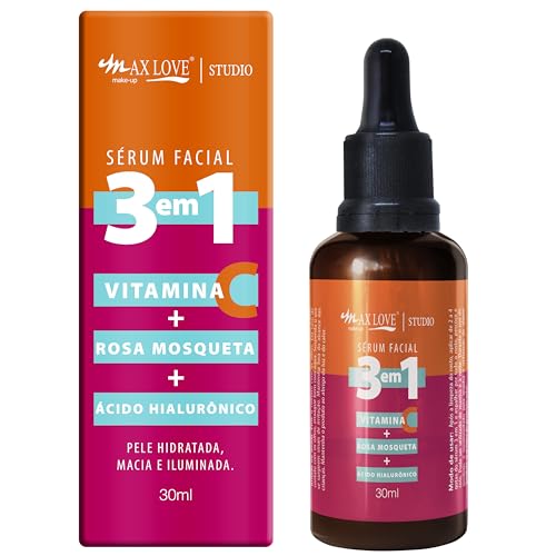 Max Love Serum Facial 3 em 1 Vitamina + C Rosa Mosqueta + Ácido Hialurônico - Pele Hidratada, Macia e Iluminada 30ml