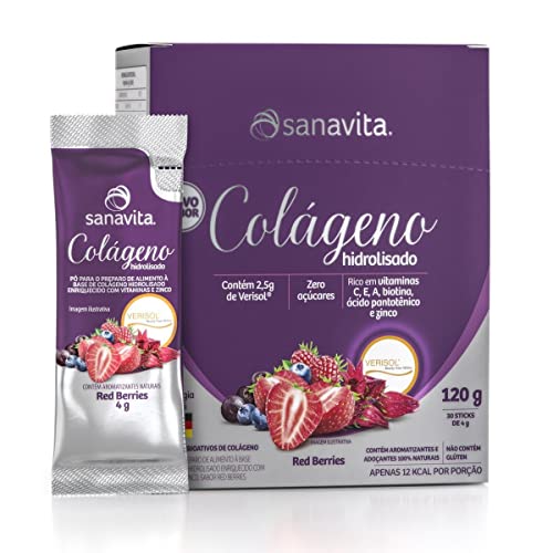 Sanavita Colágeno Verisol Hidrolisado - Saúde da Pele - 30 Sticks - Frutas Vermelhas