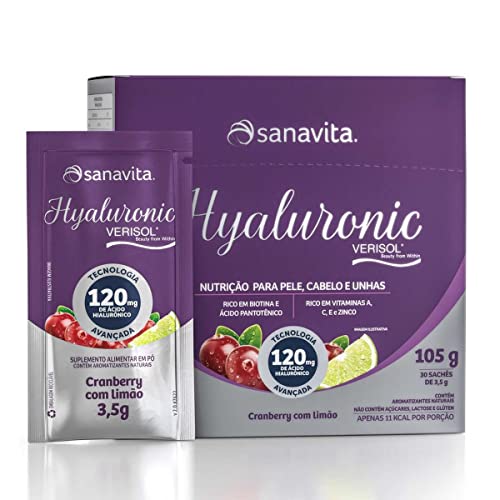 Sanavita Ácido Hialurôncio - Hyaluronic Verisol - Pele Saudável - Cranberry com Limão - 30 Sticks