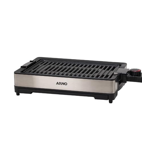 Churrasqueira Elétrica Arno Mais Sabor e Pouca Fumaça GPRA, Inox e Preta com Revestimento Antiaderrapante, Termostato Regulável e Alças Térmicas, 220V