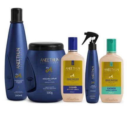 Kit Aneethun Linha A Shampoo 300 Ml Máscara 500 Ml Creme Silicone 250 Ml Spray 150 Ml Cachos 250 Ml