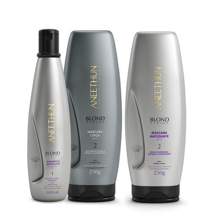 Kit Aneethun Blond System Shampoo Matizante 300ml Máscara Matizante 250g Máscara Cinza 250g