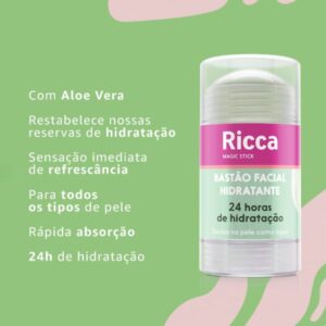 Bastão Facial Hidratante 24h Ricca Magic Stick Ação Refrescante Aloe Vera 30g