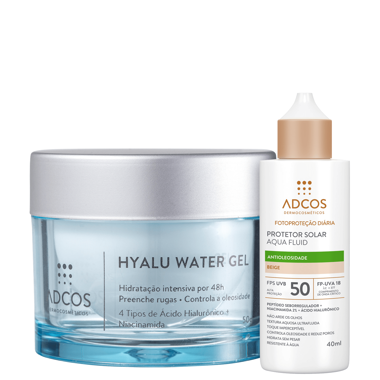 Kit Adcos Hyalu Water Gel Fotoproteção Diária Aqua Fluid FPS50 Beige 2 Produtos