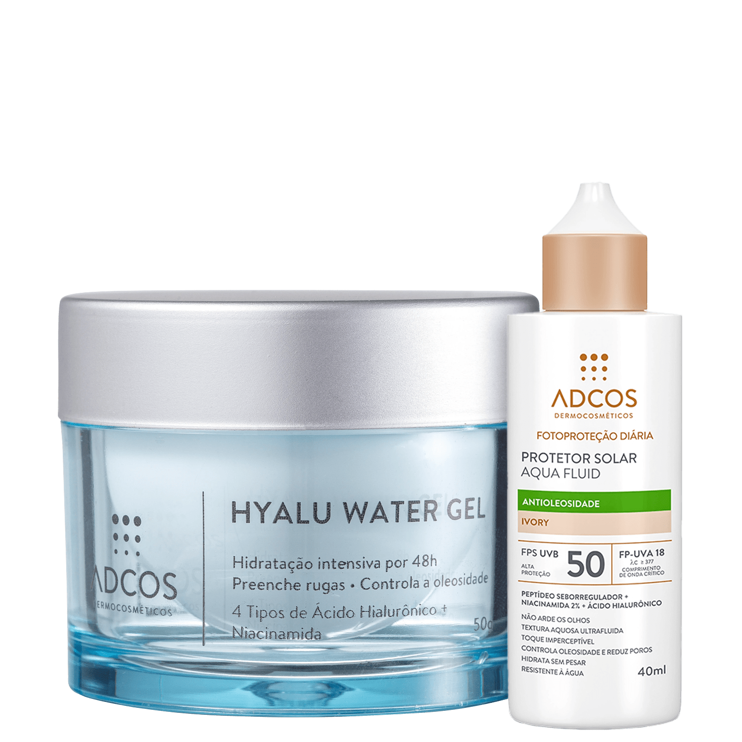 Kit Adcos Hyalu Water Gel Fotoproteção Diária Aqua Fluid FPS50 Ivory 2 Produtos