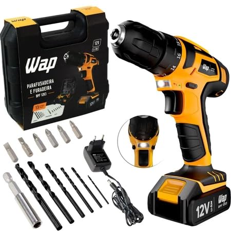 WAP Parafusadeira e Furadeira à Bateria 12V BPF-12K3, Kit de 13 Acessórios e Maleta, Empunhadura Emborrachada, Bivolt