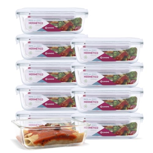 KIT 10 Potes Vidro Herméticos Retangular 1040ml Branco