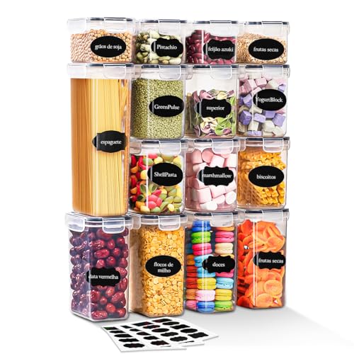 Kit 15 Potes Tampa Hermético Porta Alimentos Mantimentos Armário Cozinha (Kit 15)