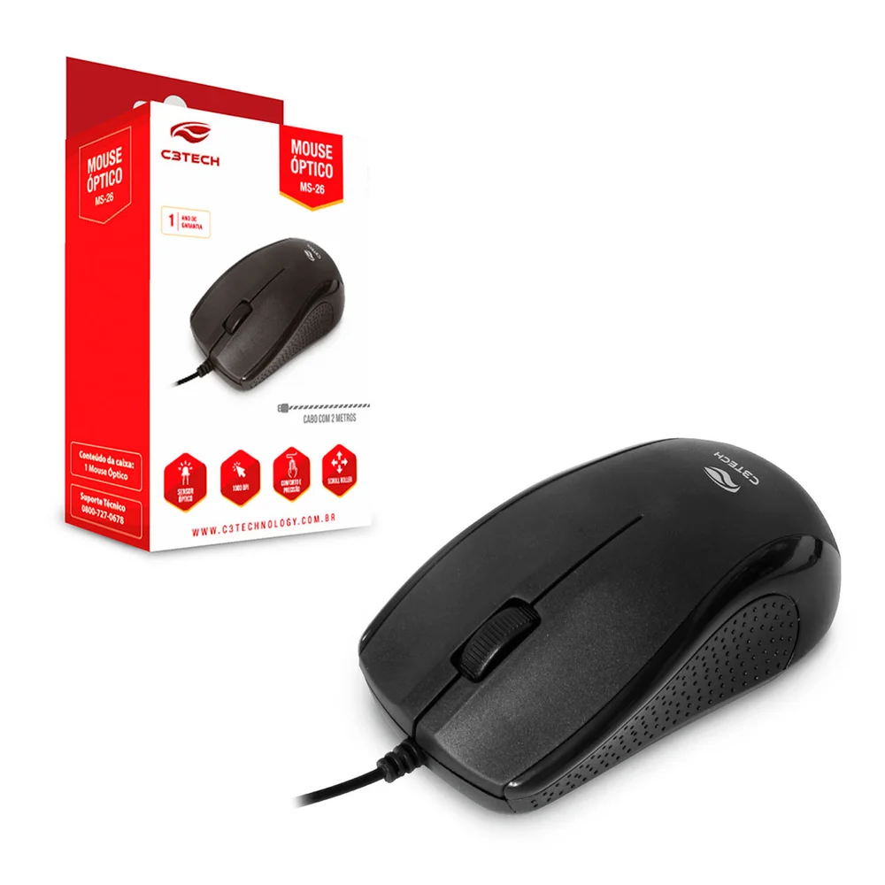 Mouse Com Fio C3Tech MS-26BK 1000 DPI USB Preto MS-26BK