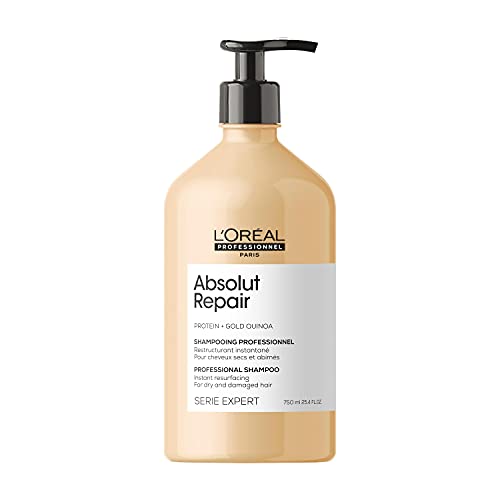 L'Oréal Professionnel Shampoo Absolut Repair, Repara Danos e Promove Brilho, Com Quinoa Dourada & Proteínas, Para cabelos secos e danificados, Toque leve e Macio, 750ml