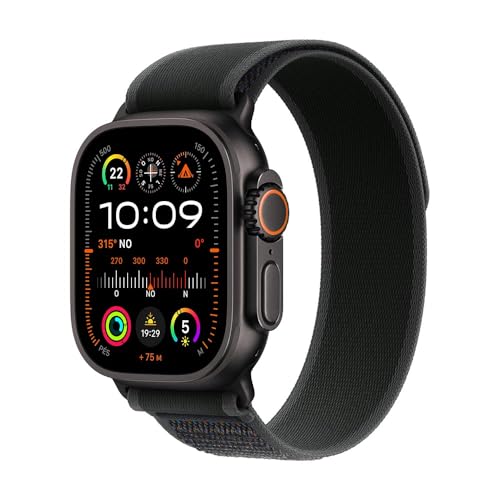 Apple Watch Ultra 2 GPS + Cellular • Caixa preta de titânio – 49 mm • Pulseira loop Trail preta – M/G