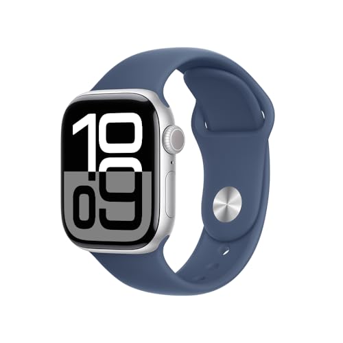 Apple Watch Series 10 GPS • Caixa prateada de alumínio – 42 mm • Pulseira esportiva denim – P/M